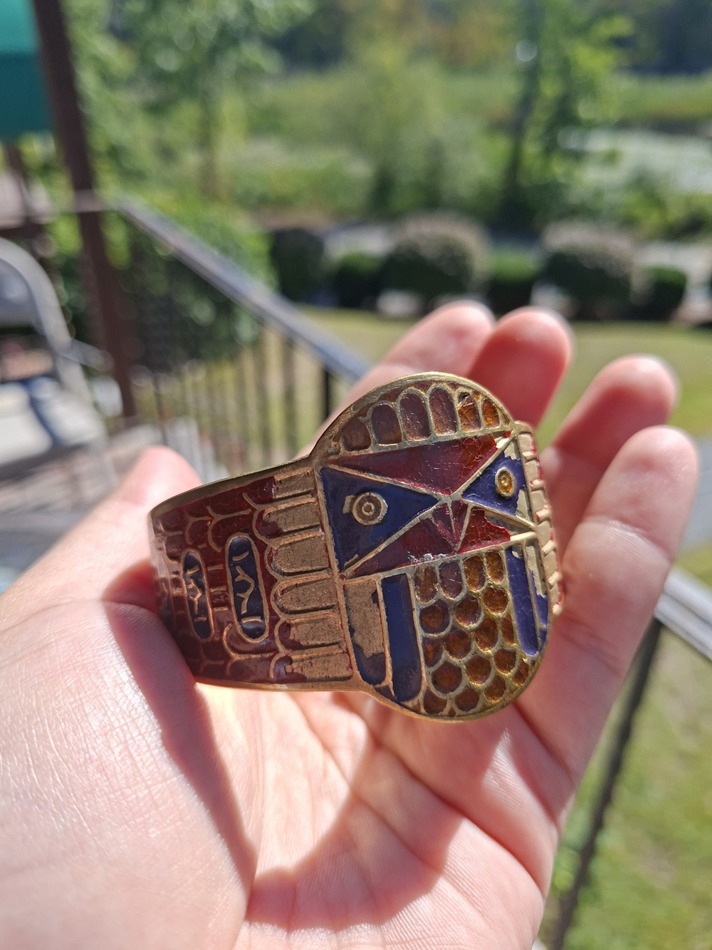 Brass-tone Enamel Motif Cuff Bracelet - Blue & Red